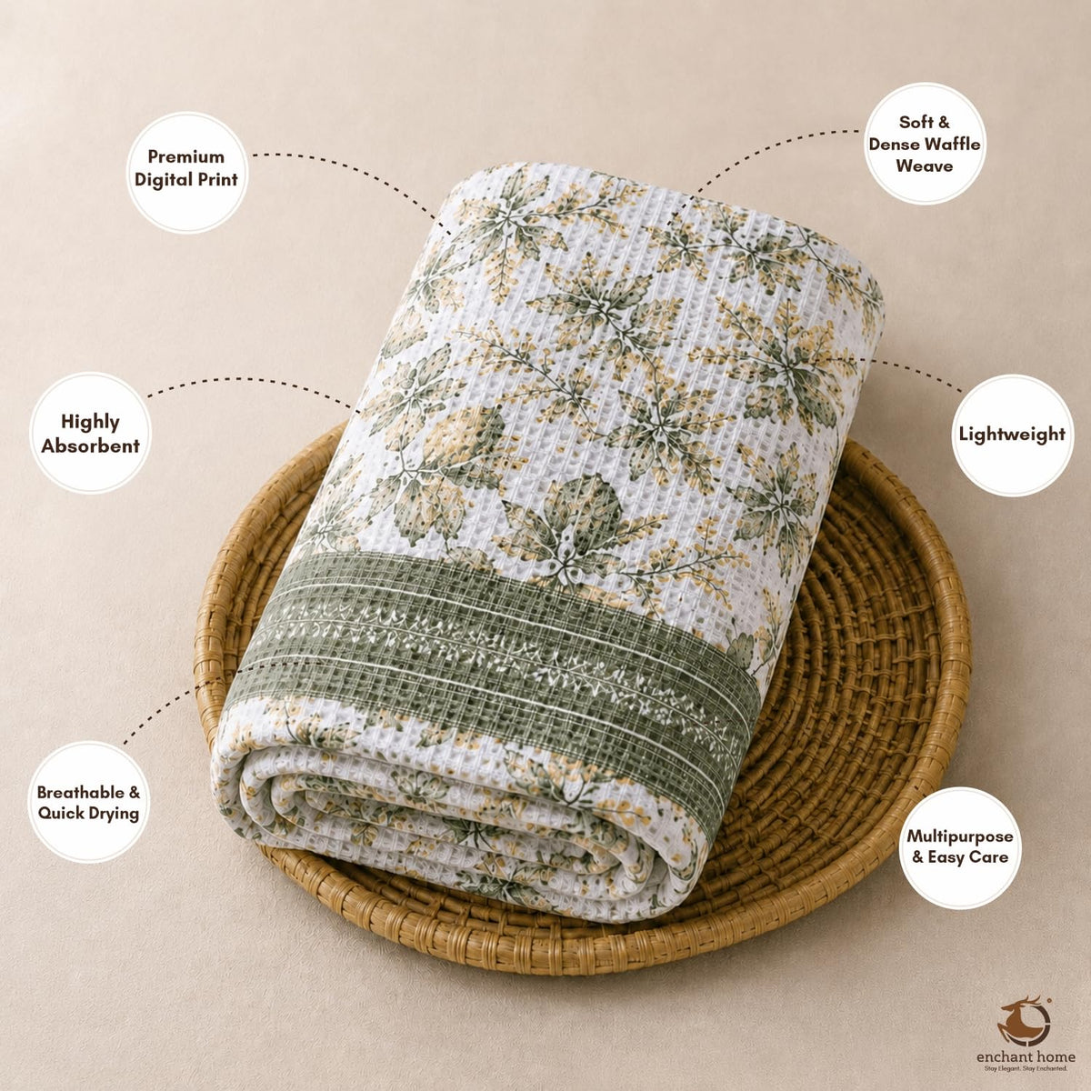 Pure Cotton Printed Waffle Bath Towel - Sage Botanical