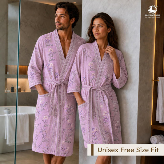 Premium Print Cotton Rich Waffle Robe for Men & Women - Lilac Bloom