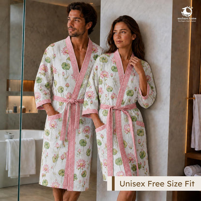 Premium Print Cotton Rich Waffle Robe for Men & Women - Lotus Serene