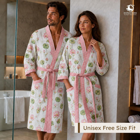 Premium Print Cotton Rich Waffle Robe for Men & Women - Lotus Serene