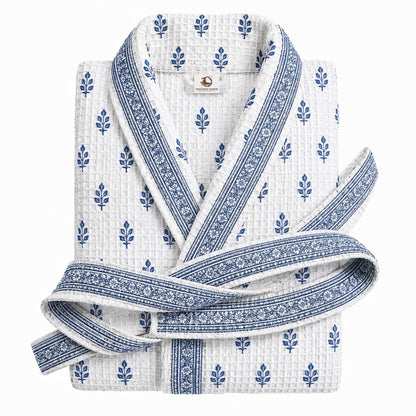 Premium print cotton rich waffle robe in indigo buti print