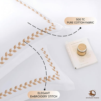 Pure Cotton 500 TC Premium Pillow Cover Set - Golden Leaflets
