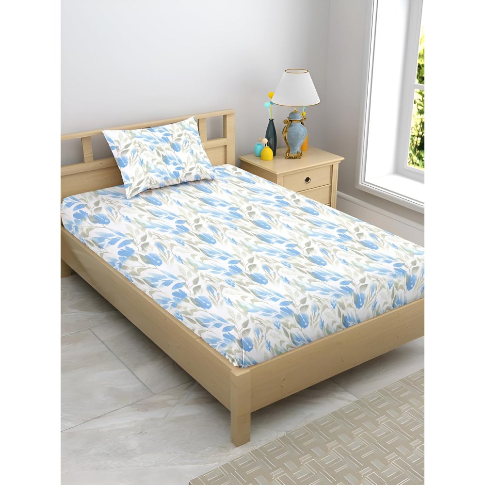 Satin Glory pure cotton single bedsheet in sky blue leaflets print