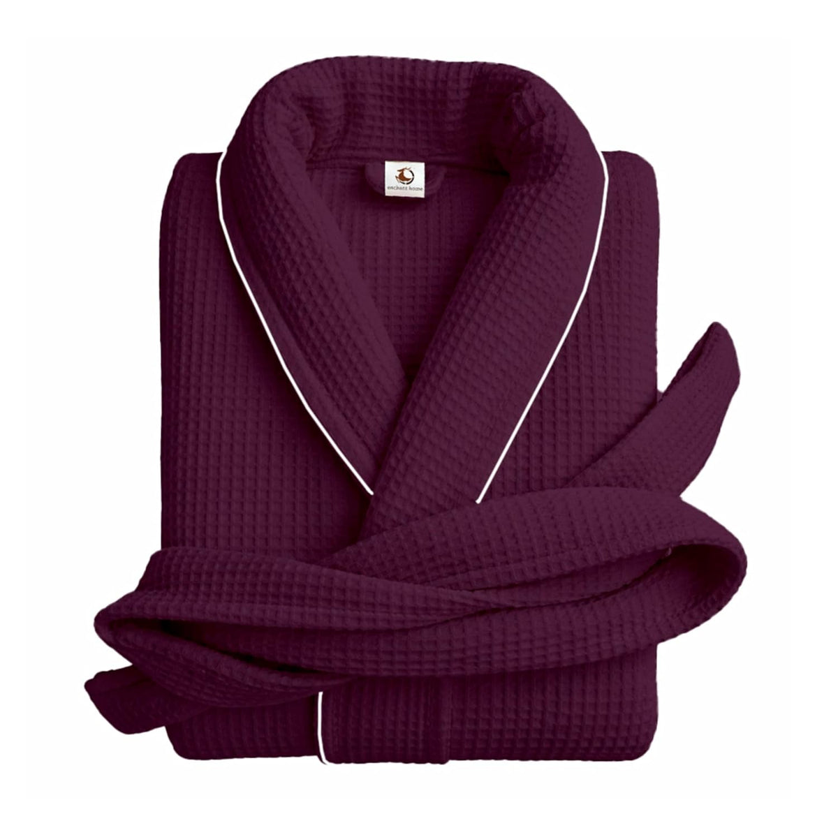 Pure cotton waffle bathrobe with piping in wine and silver