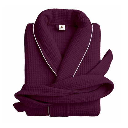 Pure cotton waffle bathrobe with piping in wine and silver