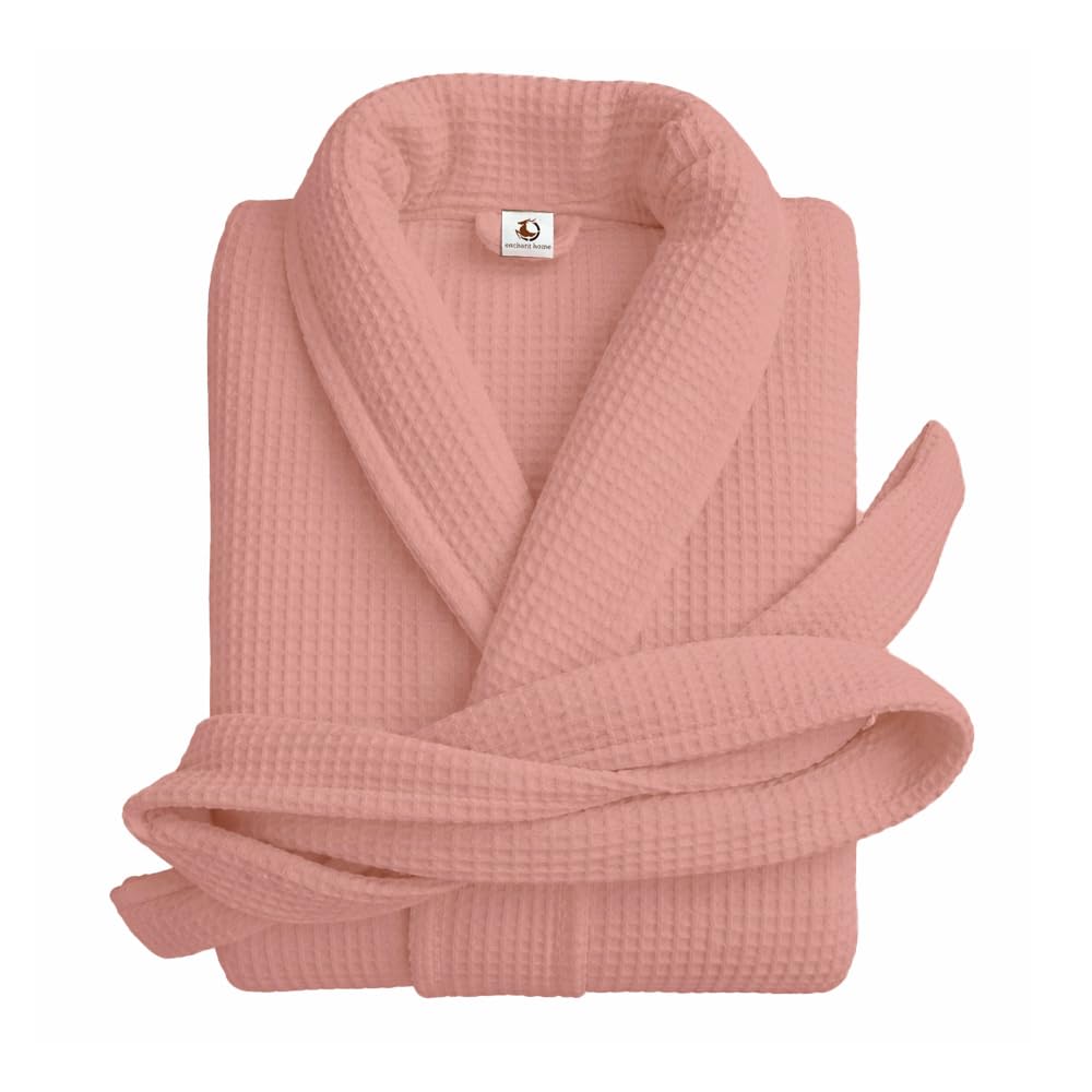 Pure cotton unisex waffle bathrobe in peach with shawl collar