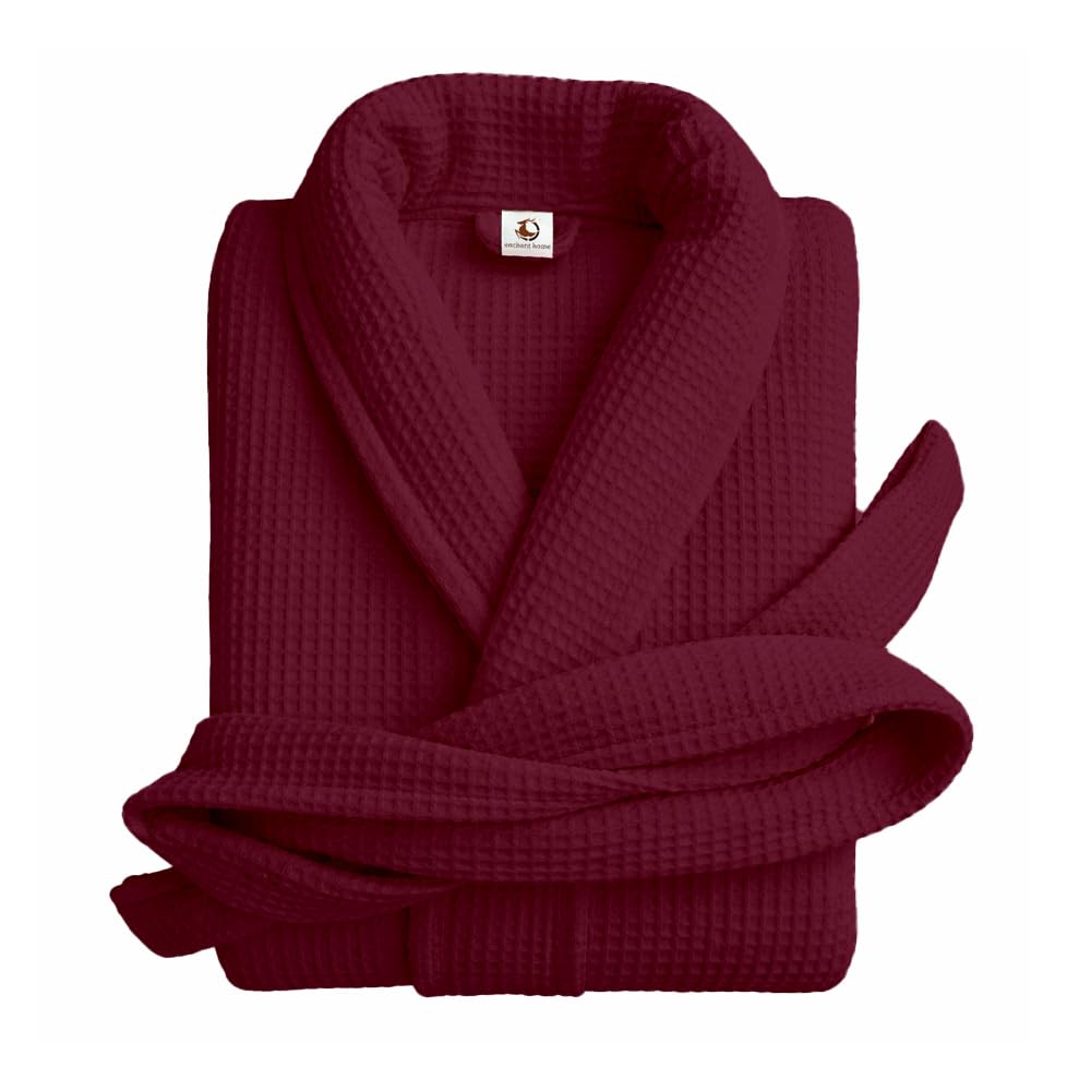 Pure cotton unisex waffle bathrobe in maroon with shawl collar
