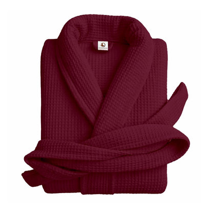 Pure cotton unisex waffle bathrobe in maroon with shawl collar
