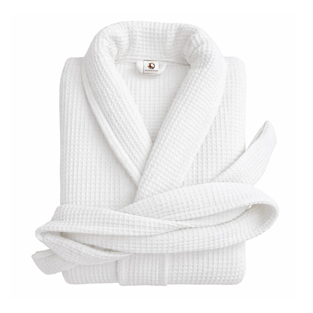 Pure cotton unisex waffle bathrobe in white with shawl collar