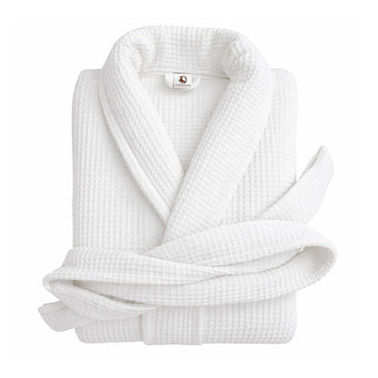 Pure cotton unisex waffle bathrobe in white with shawl collar