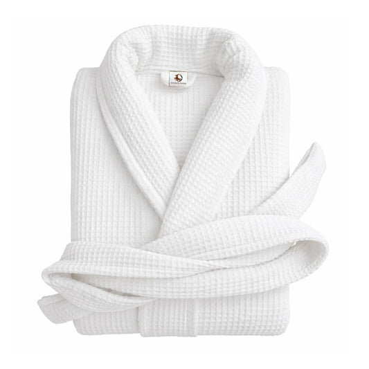 Pure cotton unisex waffle bathrobe in white with shawl collar