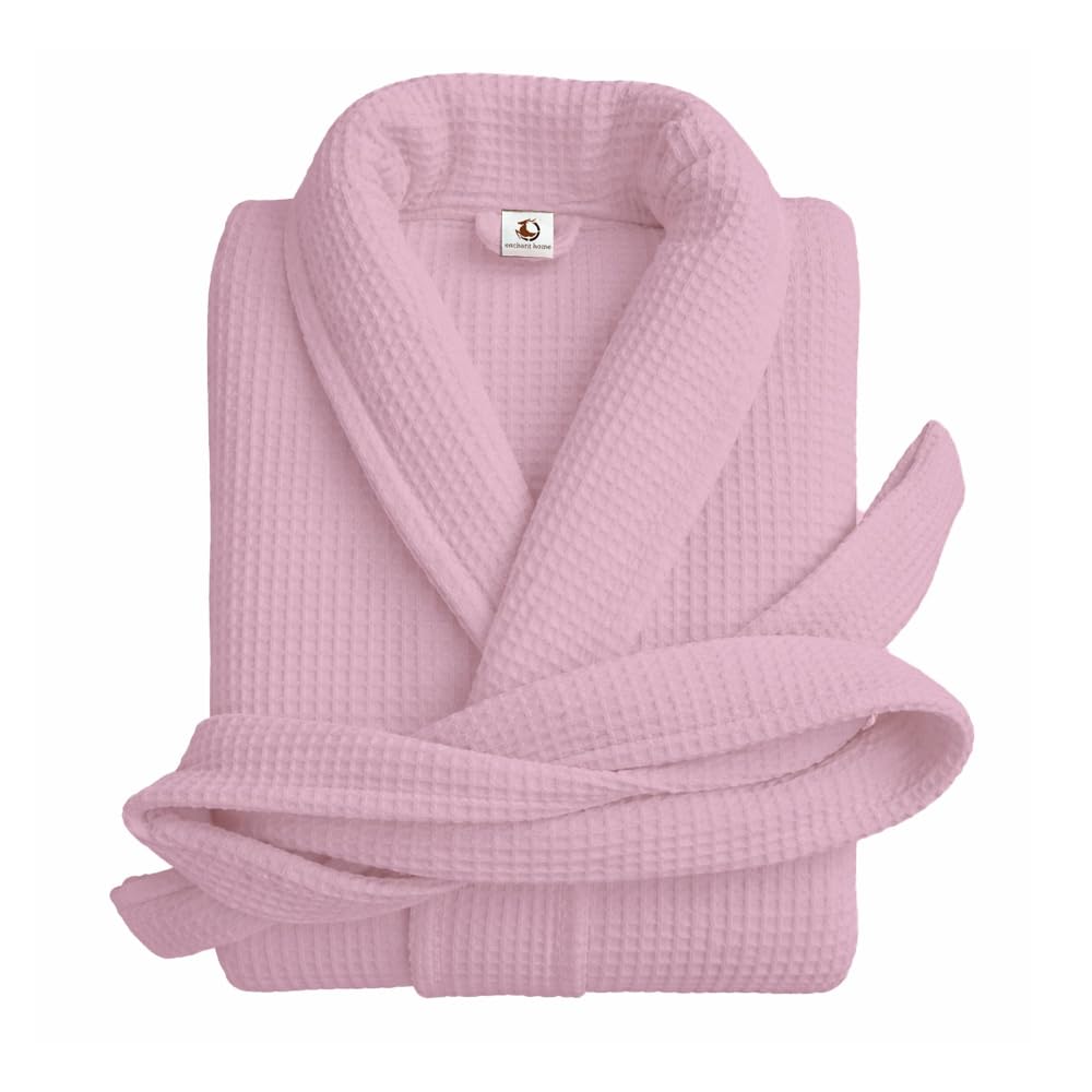 Pure cotton unisex waffle bathrobe in pink with shawl collar