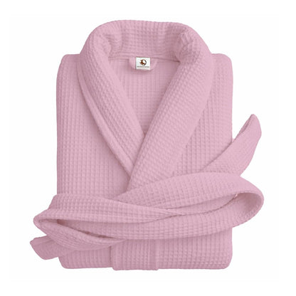 Pure cotton unisex waffle bathrobe in pink with shawl collar