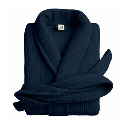 Pure cotton unisex waffle bathrobe in navy blue with shawl collar