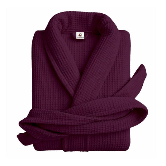 Pure cotton unisex waffle bathrobe in wine with shawl collar