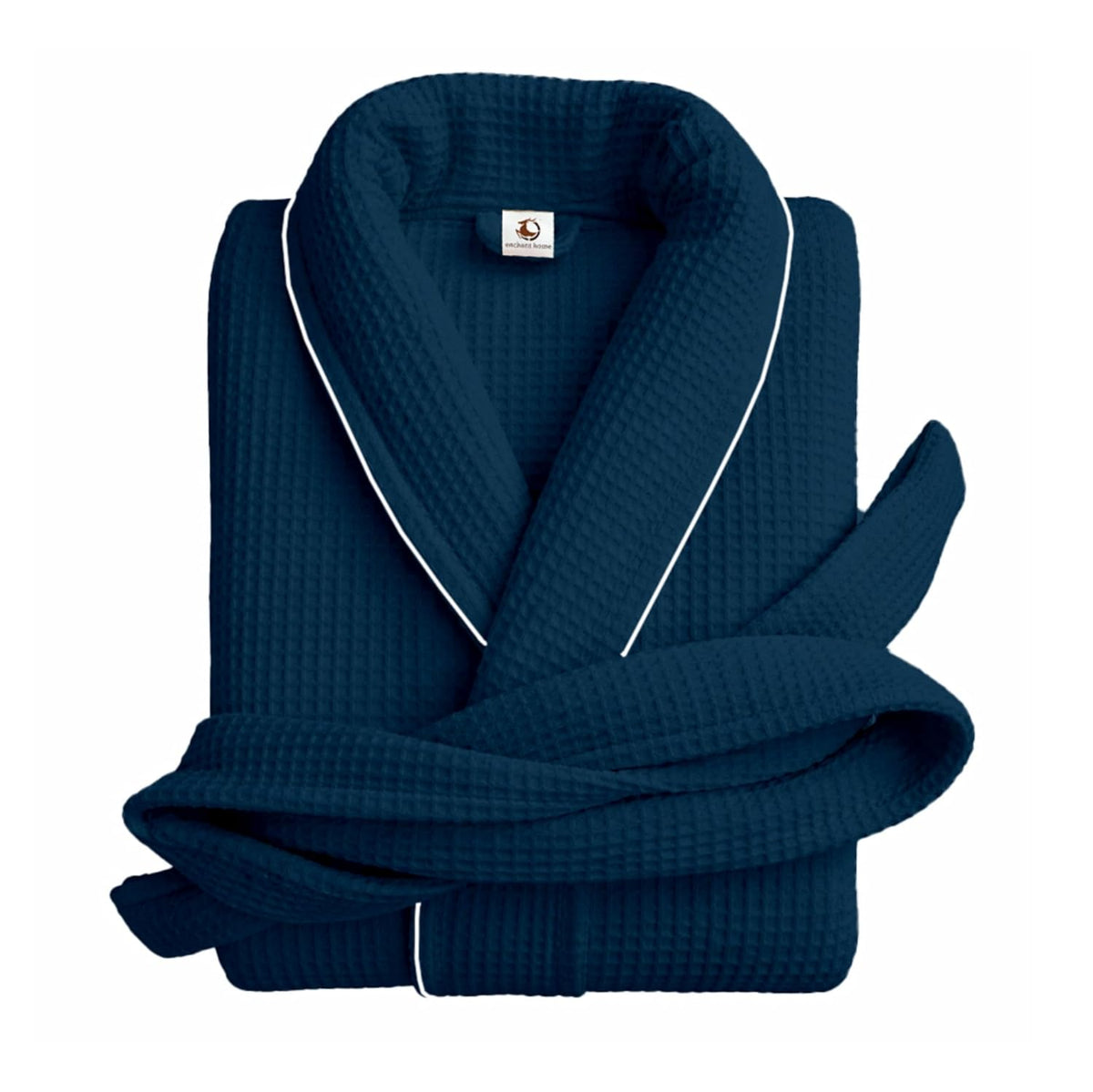 Pure cotton waffle bathrobe with piping in navy and silver