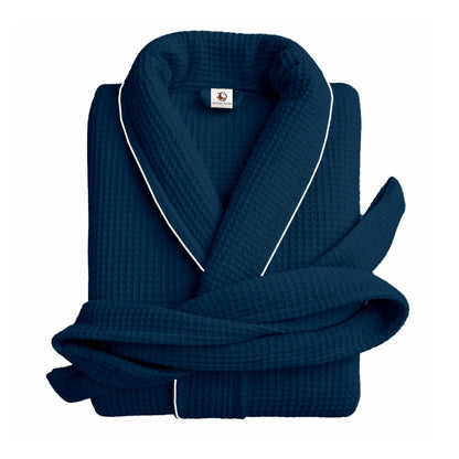 Pure cotton waffle bathrobe with piping in navy and silver