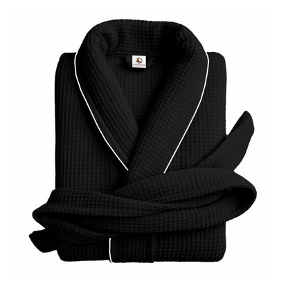 Pure cotton waffle bathrobe with piping in black and silver