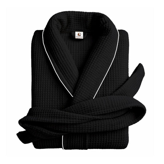 Pure cotton waffle bathrobe with piping in black and silver