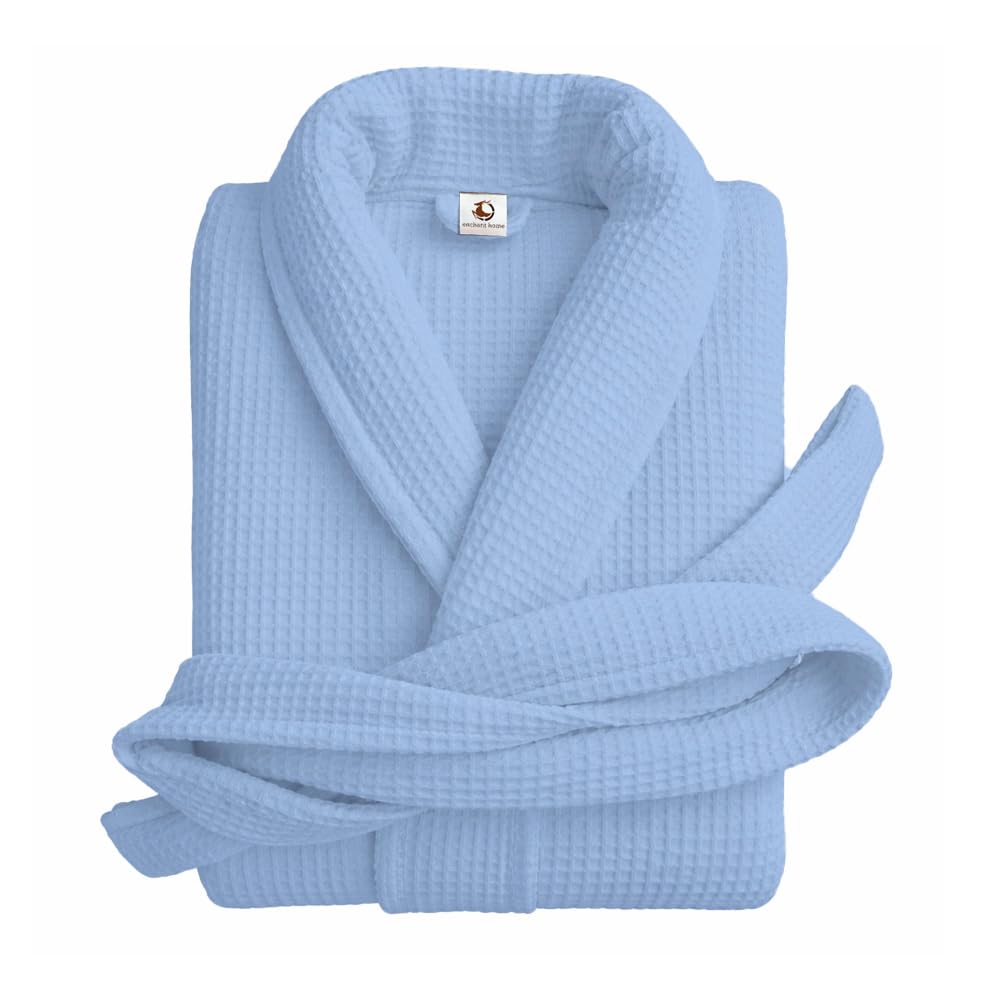 Pure cotton unisex waffle bathrobe in sky blue with shawl collar