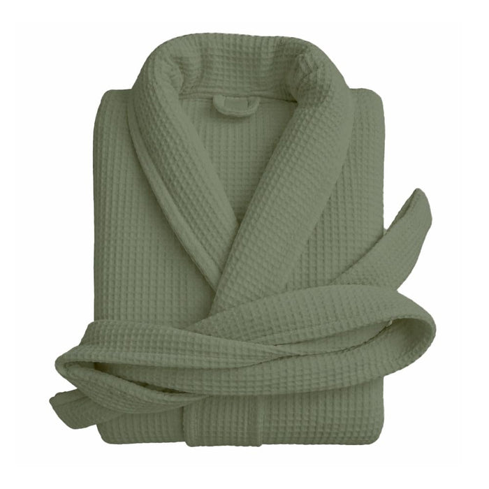 Pure cotton unisex waffle bathrobe in sage green with shawl collar
