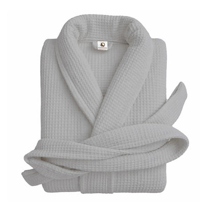 Pure cotton unisex waffle bathrobe in grey with shawl collar