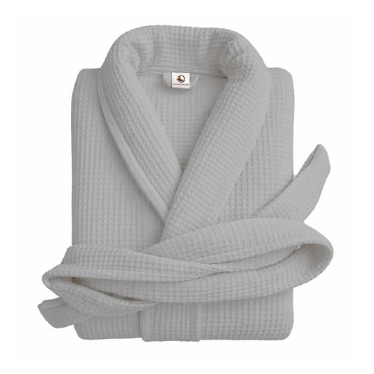 Pure cotton unisex waffle bathrobe in grey with shawl collar
