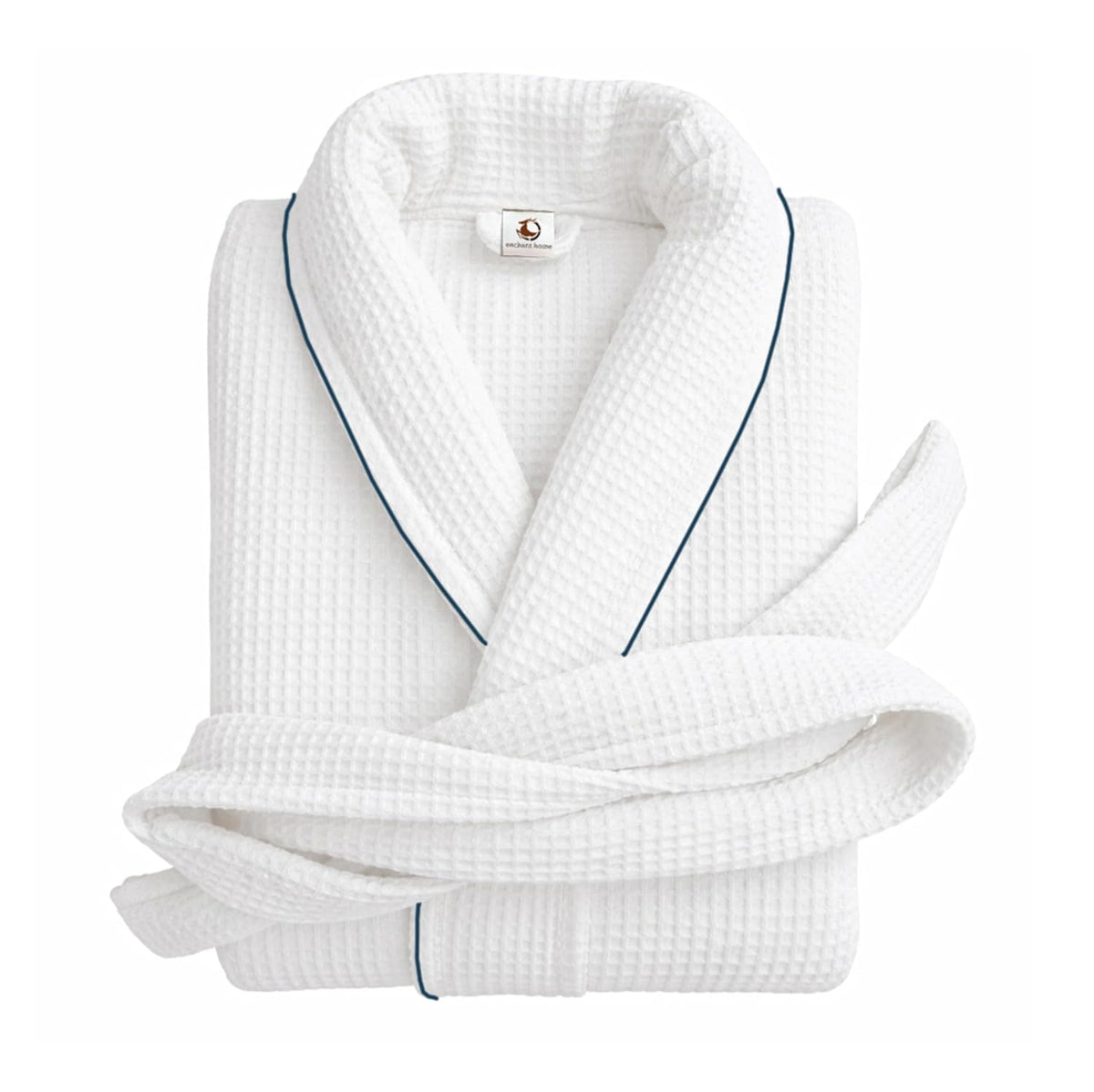 Pure cotton waffle bathrobe with piping in white and navy
