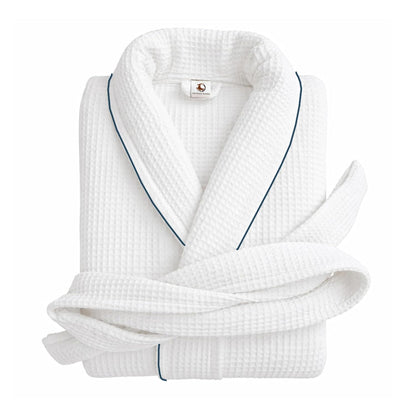 Pure cotton waffle bathrobe with piping in white and navy