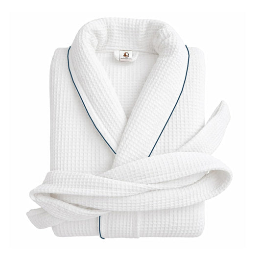 Pure cotton waffle bathrobe with piping in white and navy