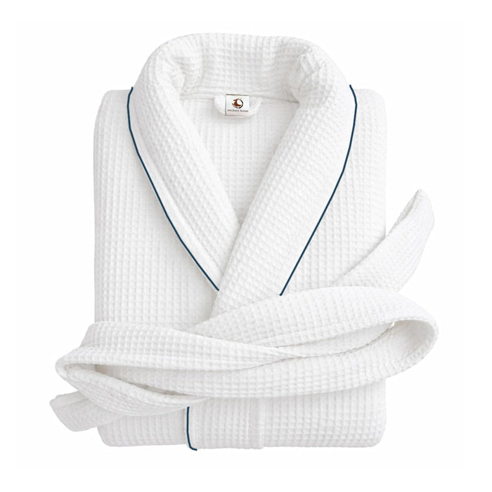 Pure cotton waffle bathrobe with piping in white and navy
