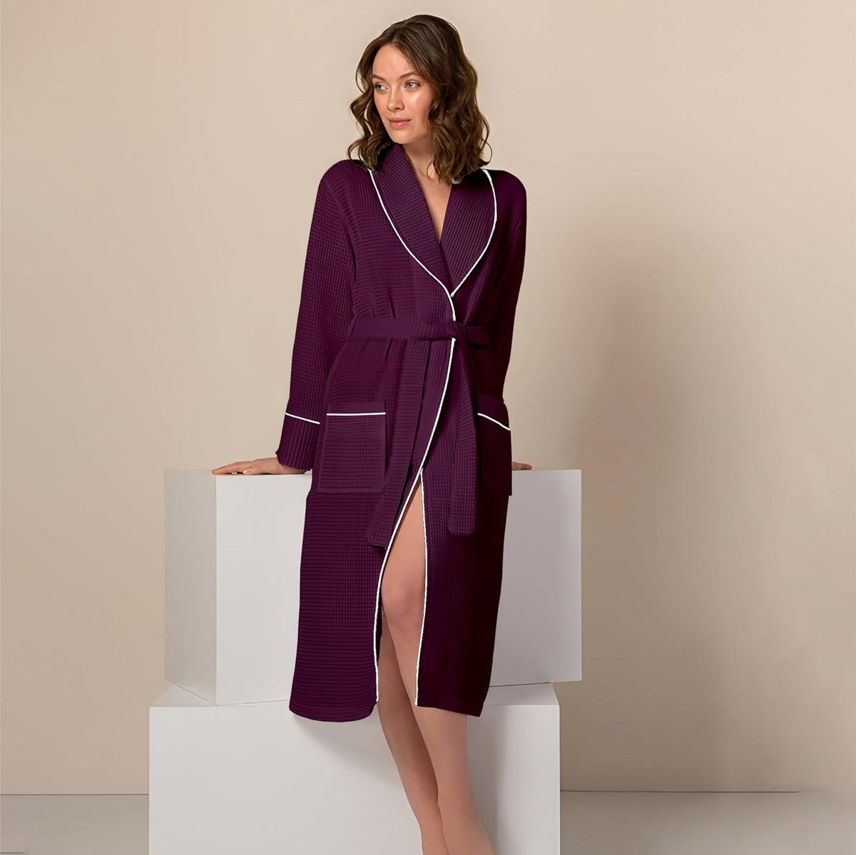 Pure Cotton Waffle Bathrobe With Piping - Wine-Silver
