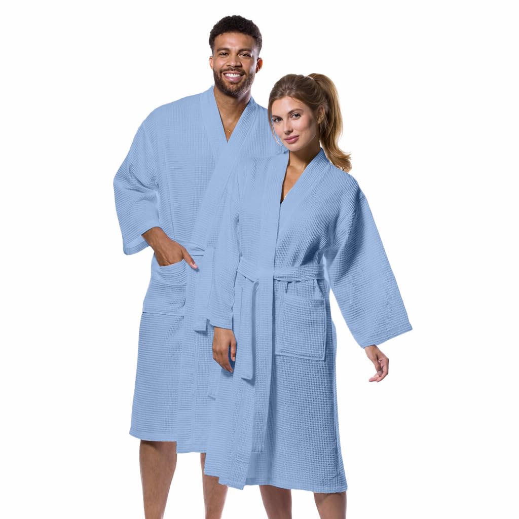 Pure Cotton Unisex Waffle Bath Robe - Sky Blue