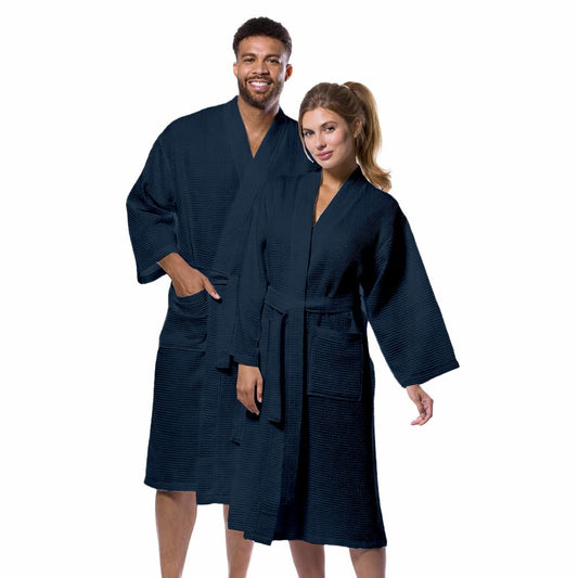 Navy blue cotton waffle bathrobe front view with belt