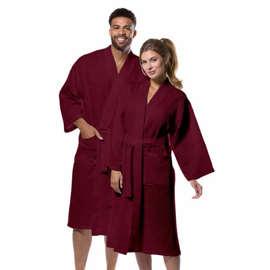 Maroon cotton waffle bathrobe front view with belt