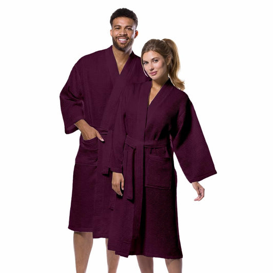 Pure Cotton Unisex Waffle Bath Robe - Wine