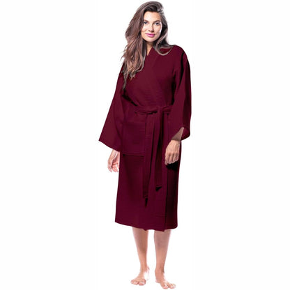 Maroon cotton waffle bathrobe back view