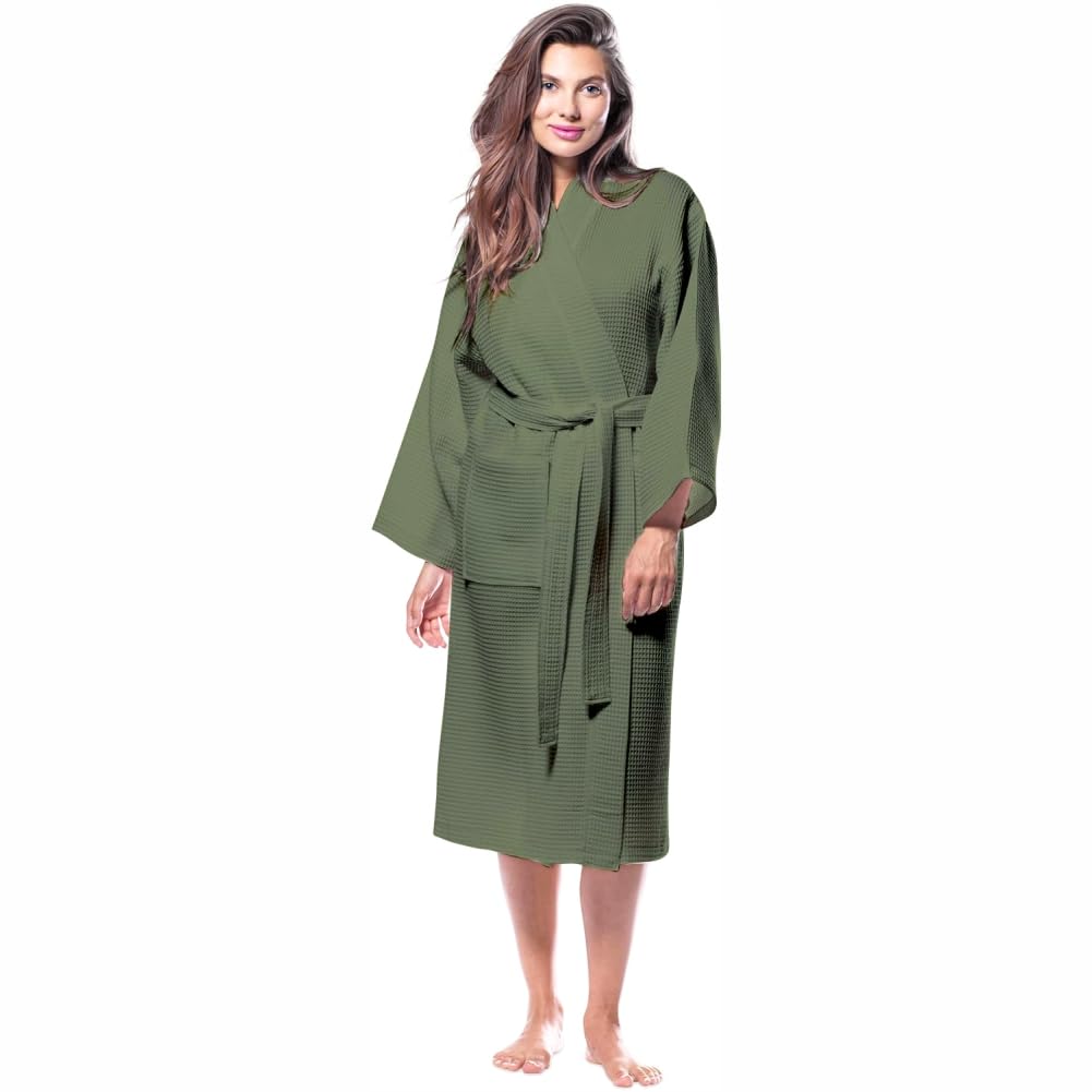 Sage green cotton waffle bathrobe back view