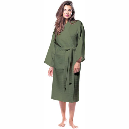 Sage green cotton waffle bathrobe back view