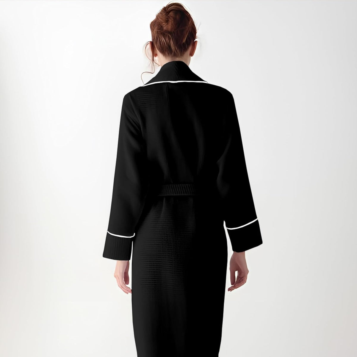 Pure Cotton Waffle Bathrobe With Piping - Black-Silver