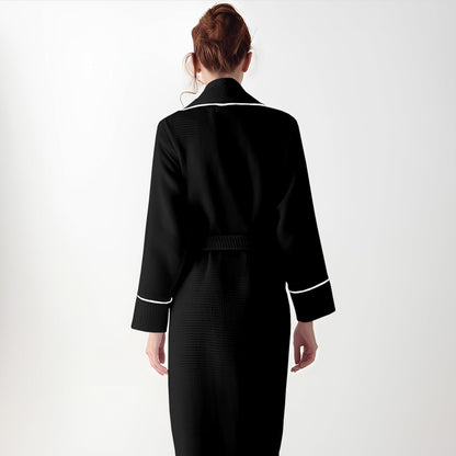 Pure Cotton Waffle Bathrobe With Piping - Black-Silver