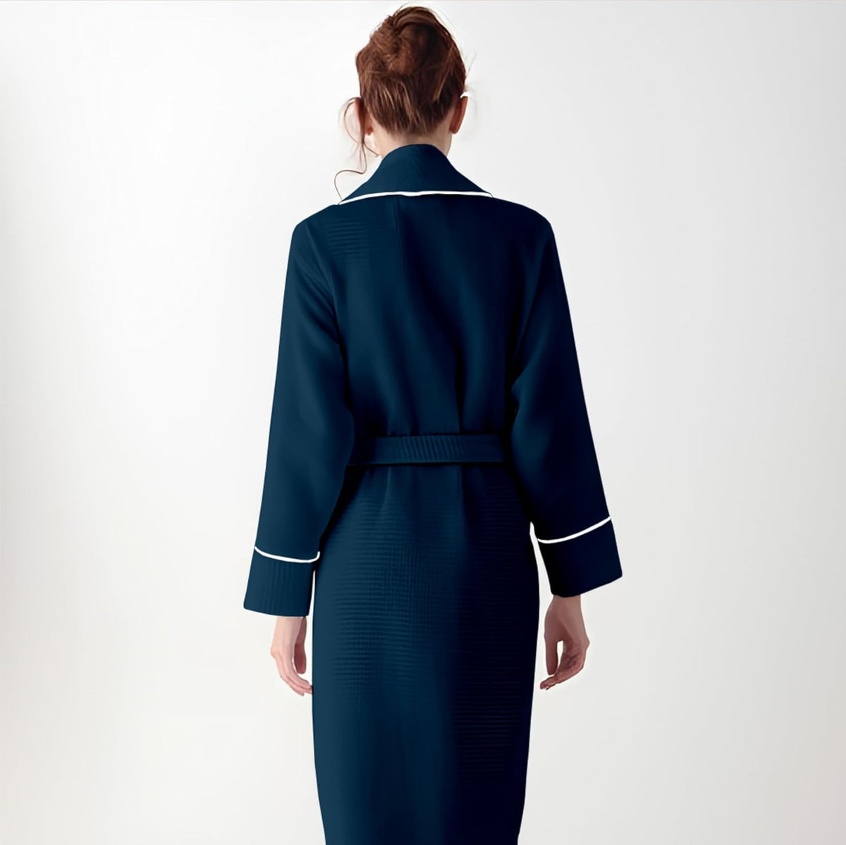 Navy-silver waffle bathrobe piping and collar detail