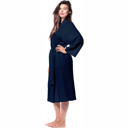 Navy blue waffle bathrobe pocket and fabric detail