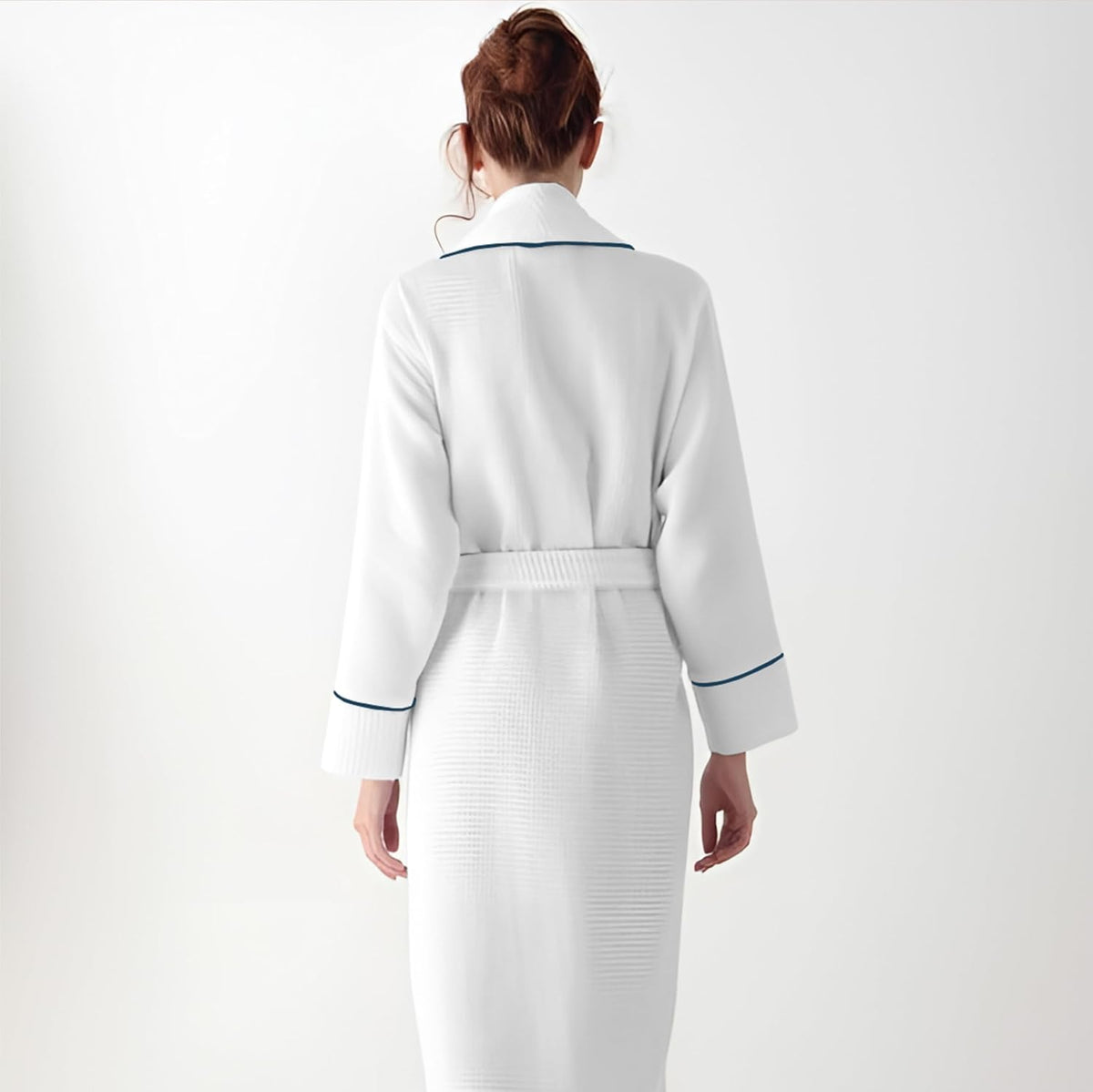 Pure Cotton Waffle Bathrobe With Piping - White-Navy