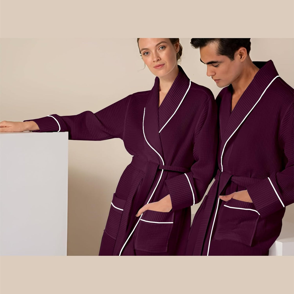 Pure Cotton Waffle Bathrobe With Piping - Wine-Silver