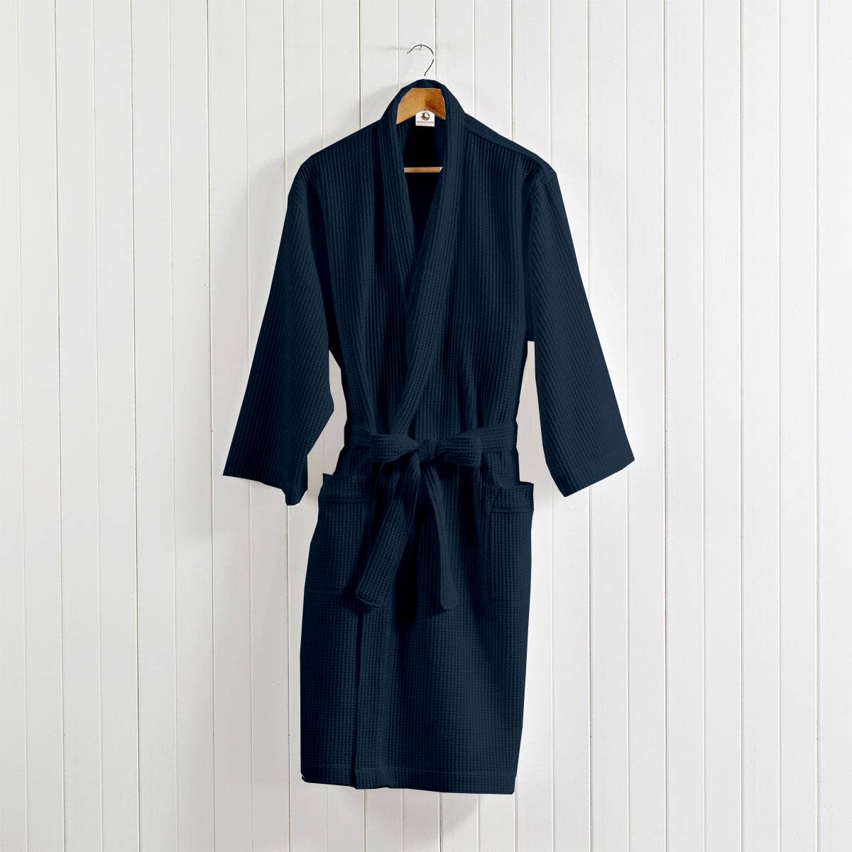 Navy blue cotton waffle bathrobe worn indoors – view 5