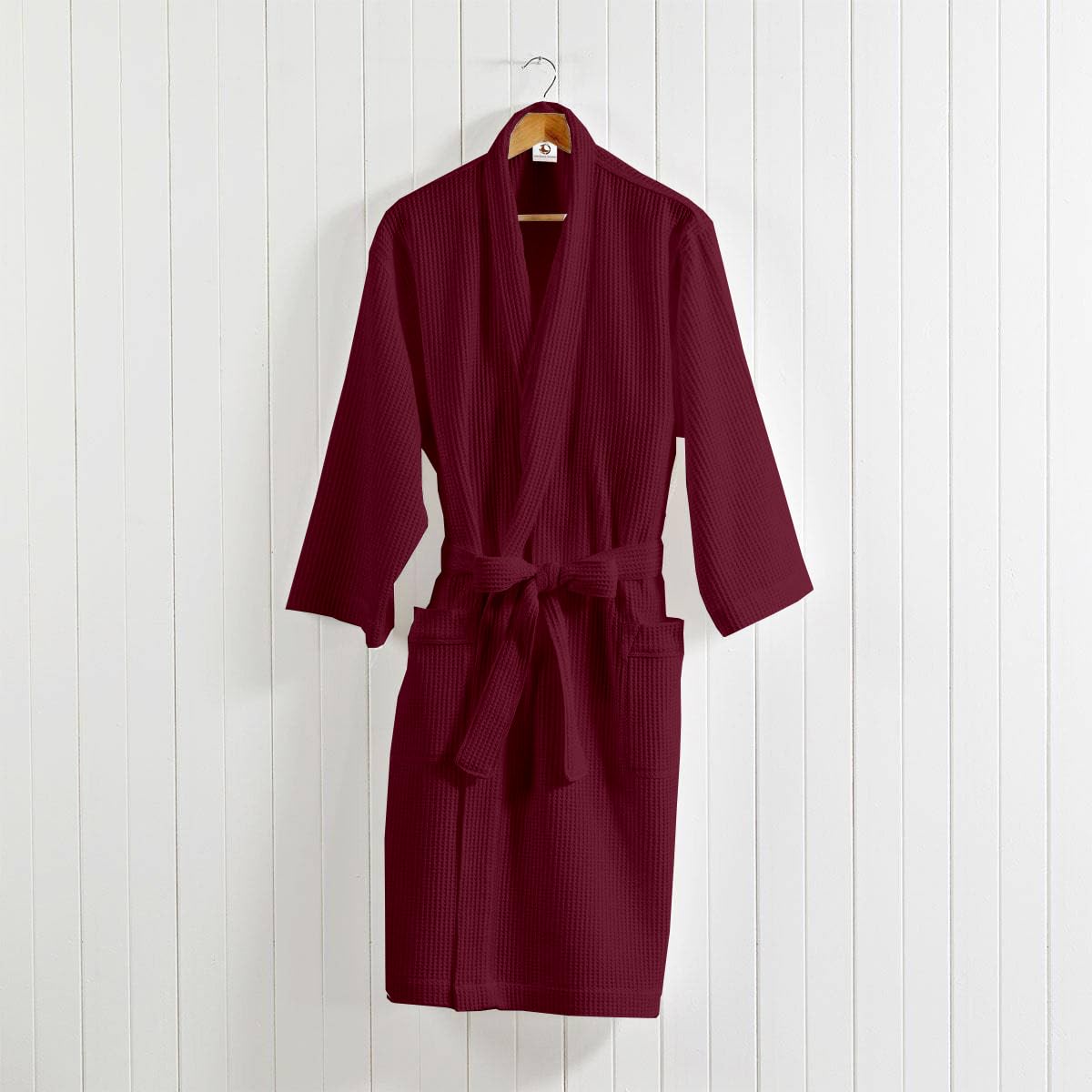 Maroon cotton waffle bathrobe worn indoors – view 5
