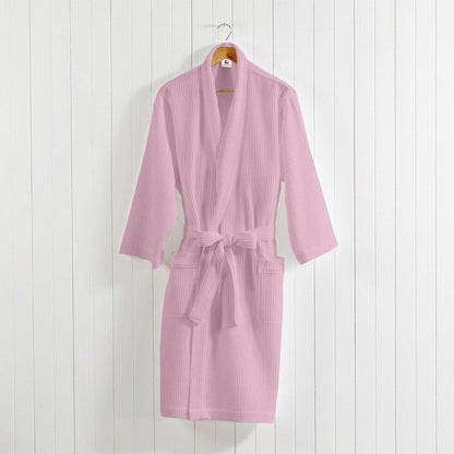 Pink cotton waffle bathrobe worn indoors – view 5