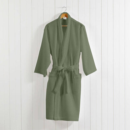 Sage green cotton waffle bathrobe worn indoors – view 5