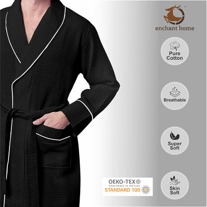 Pure Cotton Waffle Bathrobe With Piping - Black-Silver